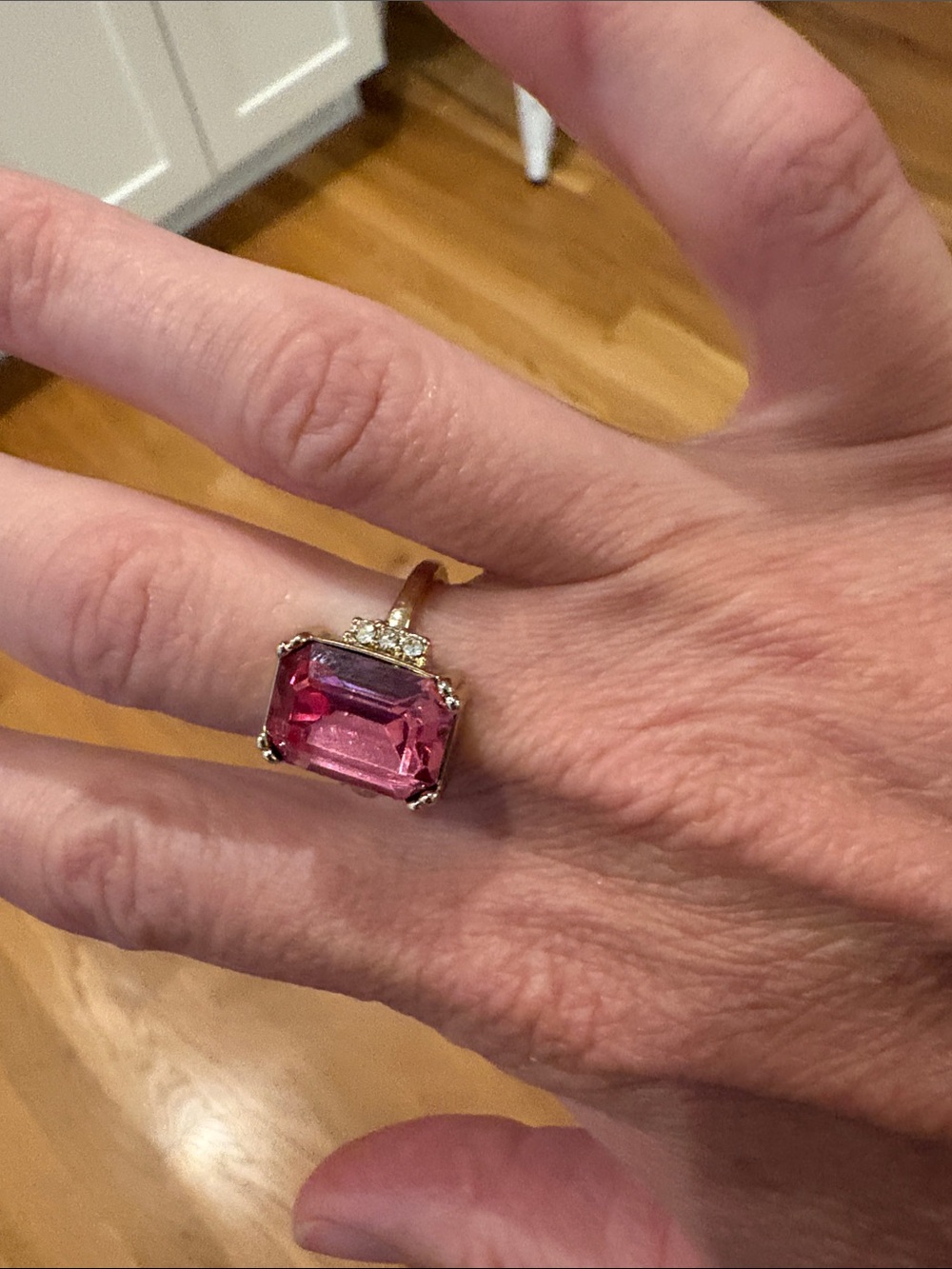 Pink Statement Emerald-Cut Ring with Gold Band - Picture 3 of 5